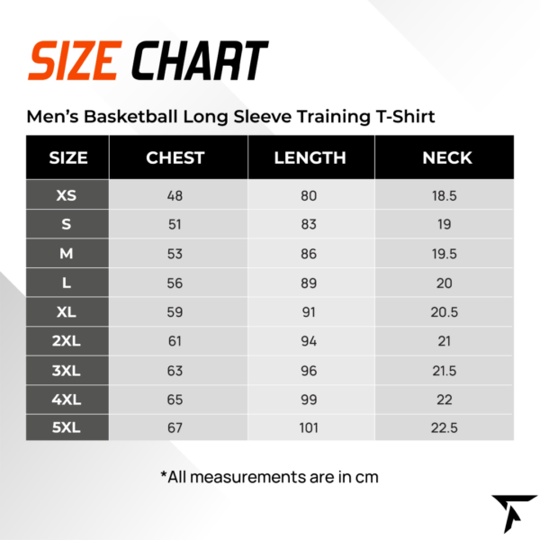 Size Chart for Men's Basketball Long Sleeve Training T Shirt