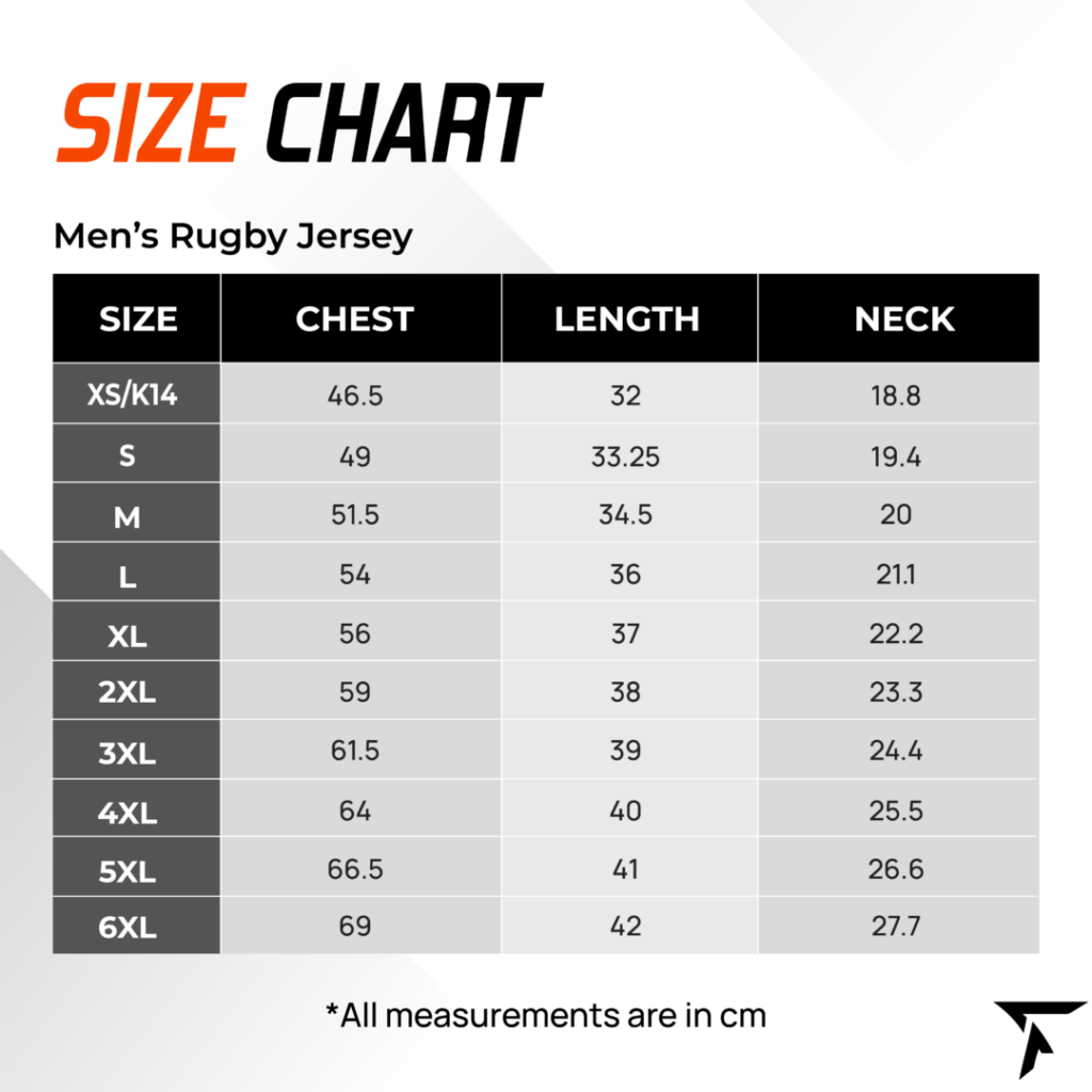 Size Chart for Men's Rugby Jersey