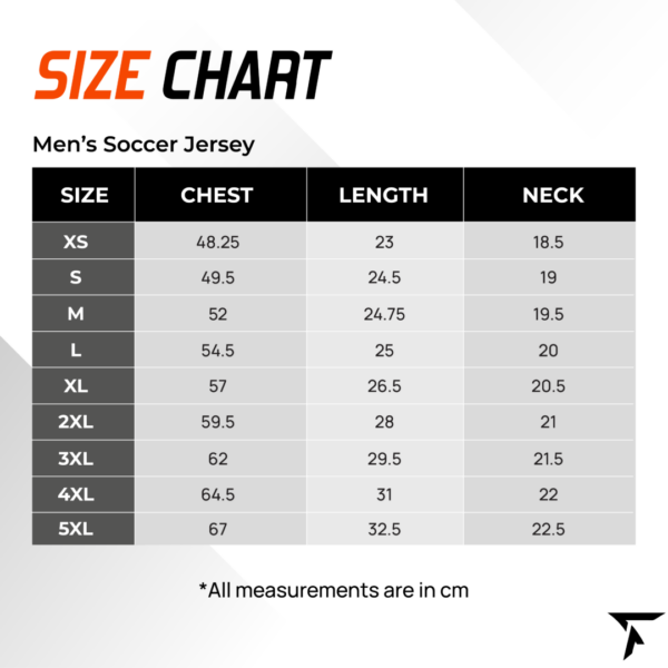 Size Chart for Men's Soccer Jersey