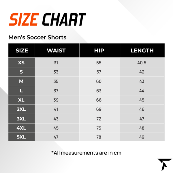 Size Chart for Men's Soccer Shorts