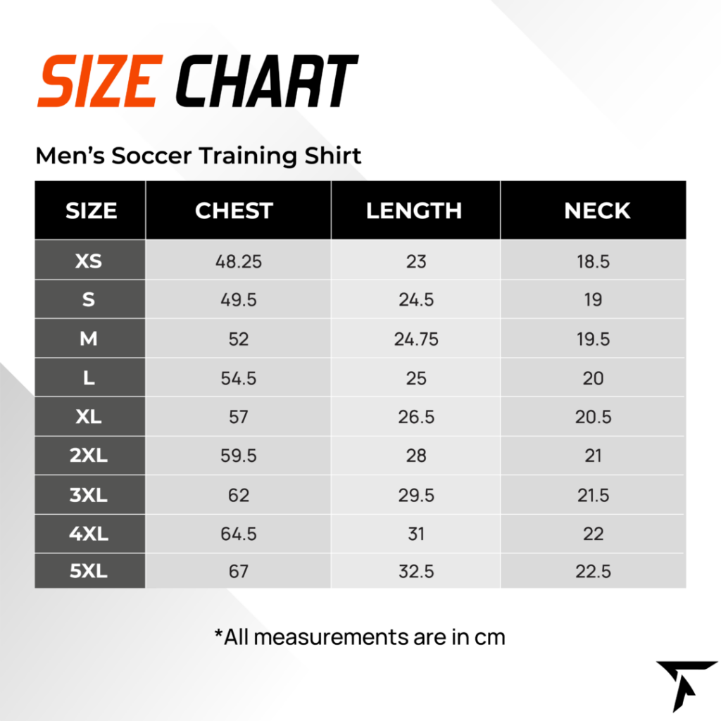 Size Chart for Men's Soccer Training Shirt