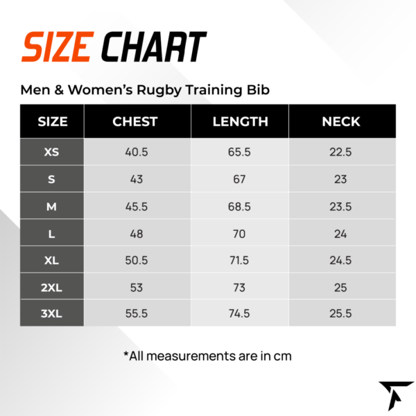 Size Chart for Rugby Training Bib