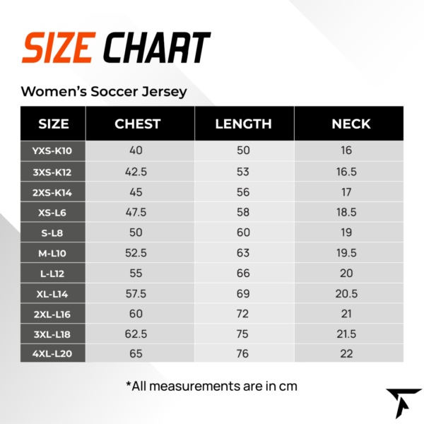 Size Chart for Women's Soccer Jersey