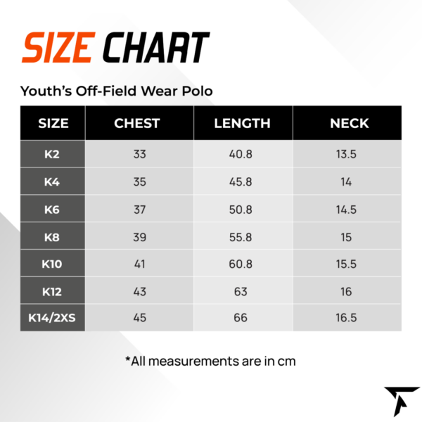 Size Chart for Youth's Off Field Wear Polo