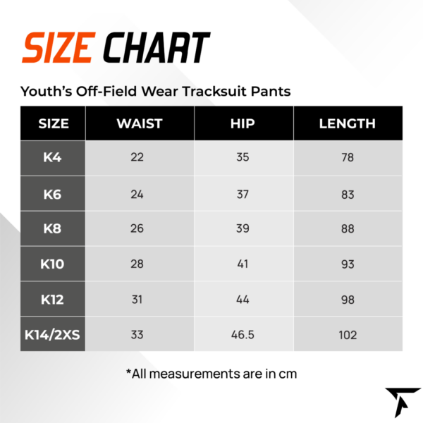 Size Chart for Youth's Off Field Wear Tracksuit Pants