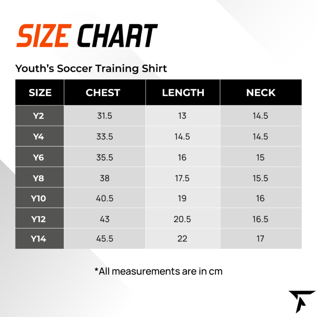 Size Chart for Youth's Soccer Training Shirt