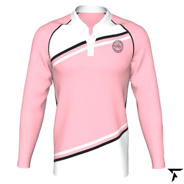 Women Long Sleeve Polo Shirt - Pink and White