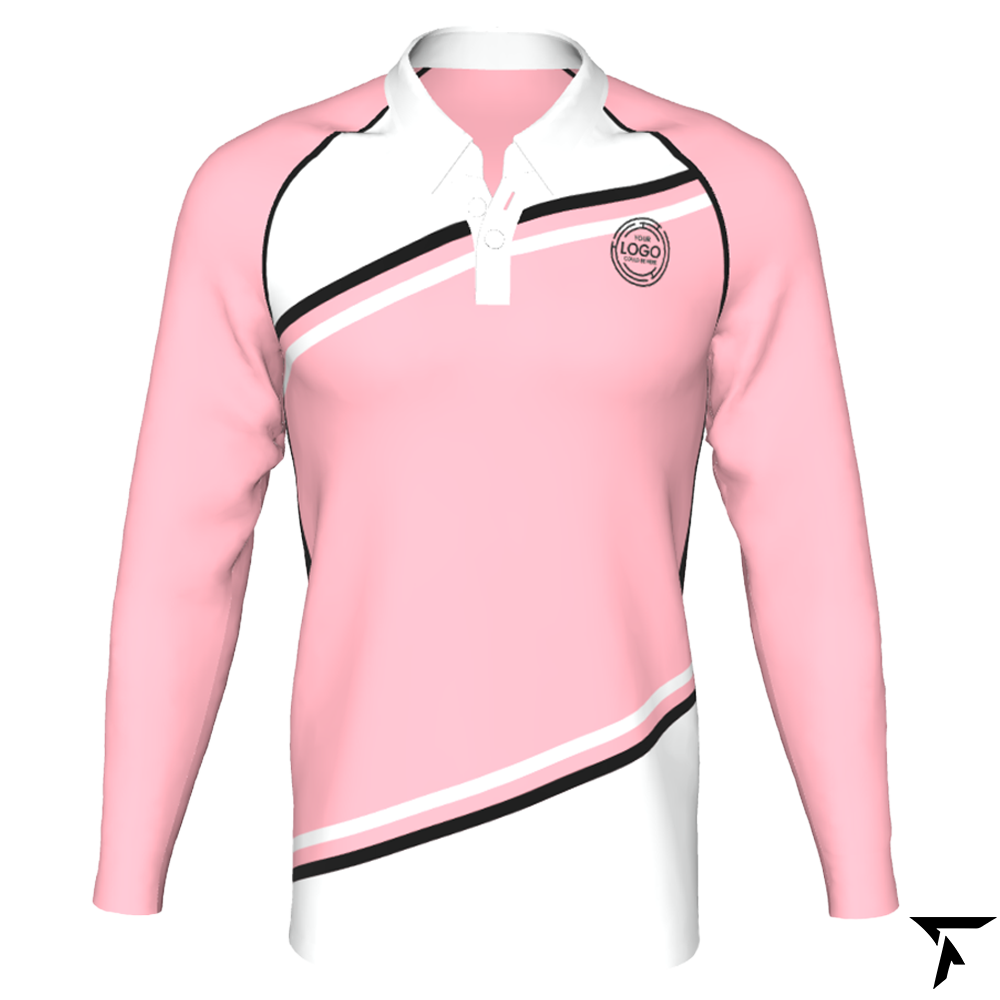 Women Long Sleeve Polo Shirt - Pink and White