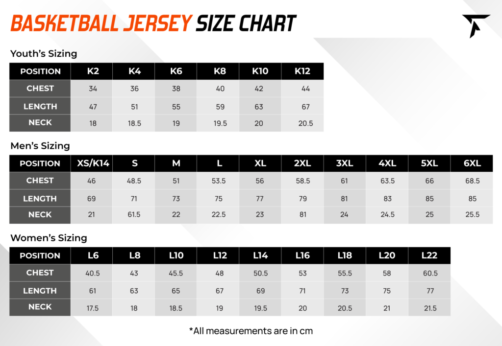 basketball jerseys size chart