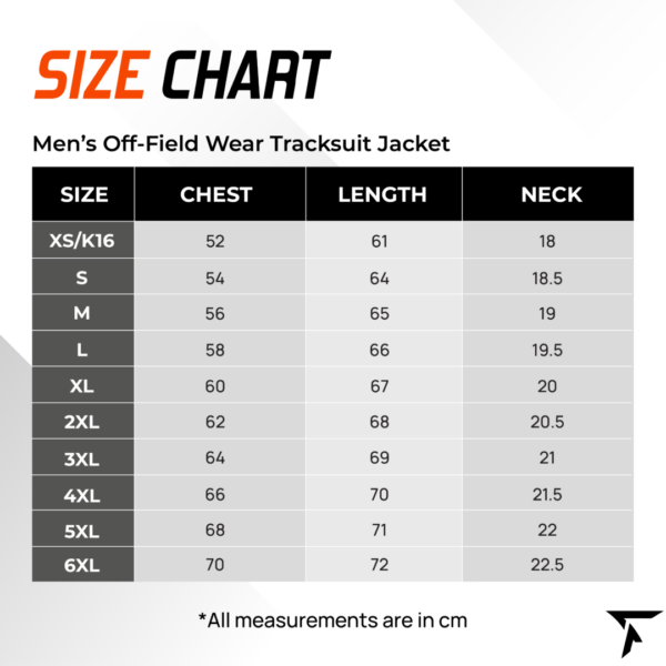 Size Chart for Men's Off Field Wear Tracksuit Jacket Size