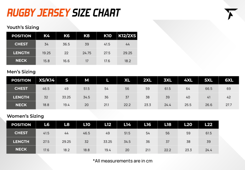 rugby jersey size chart