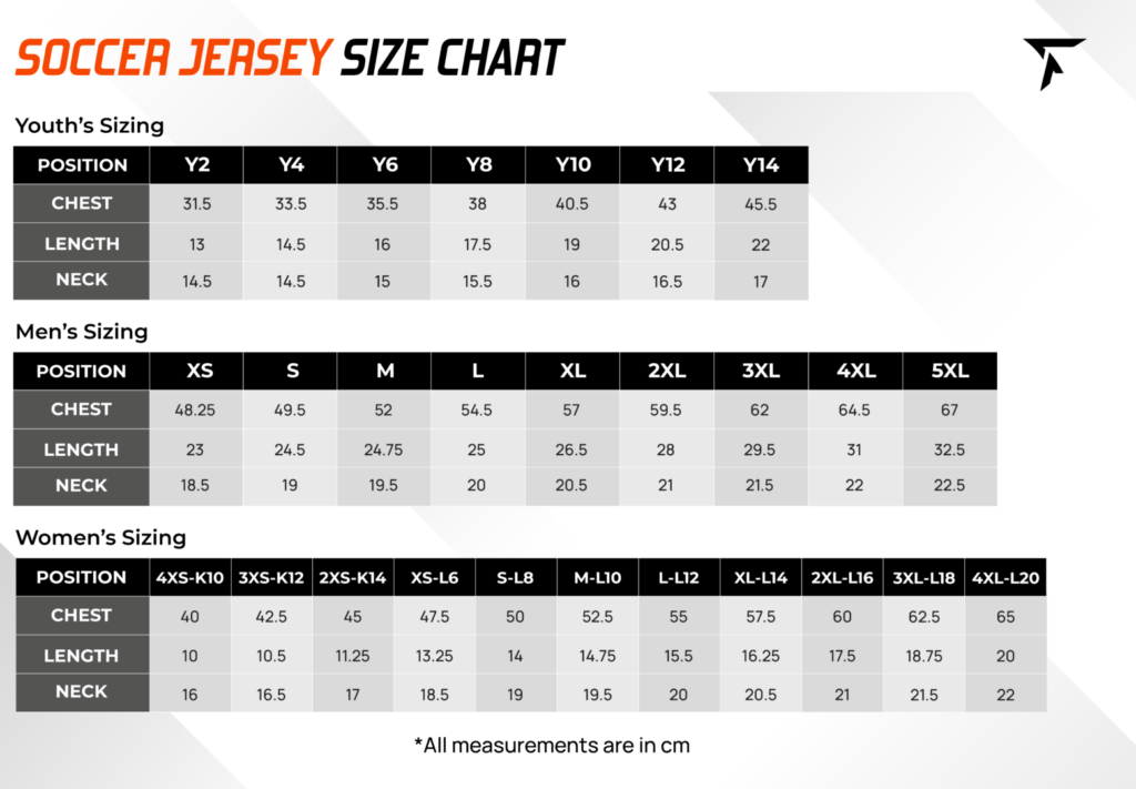 Soccer Jerseys Size Chart