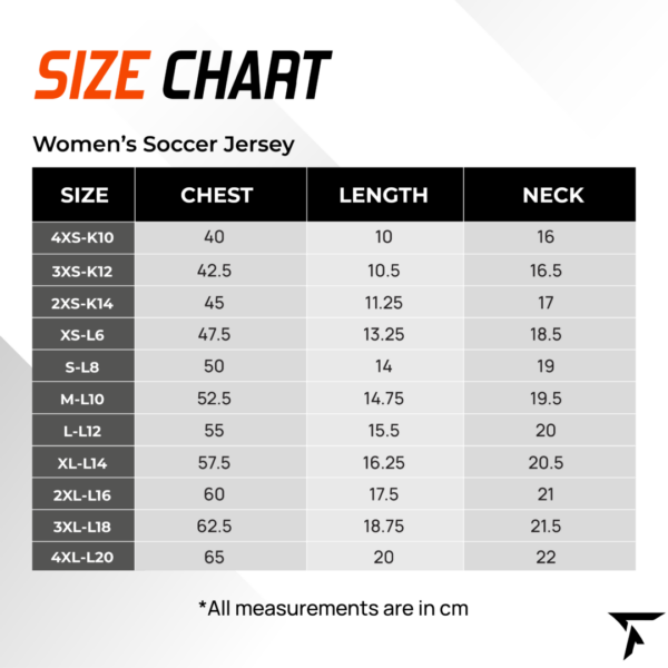 women's soccer jersey size chart