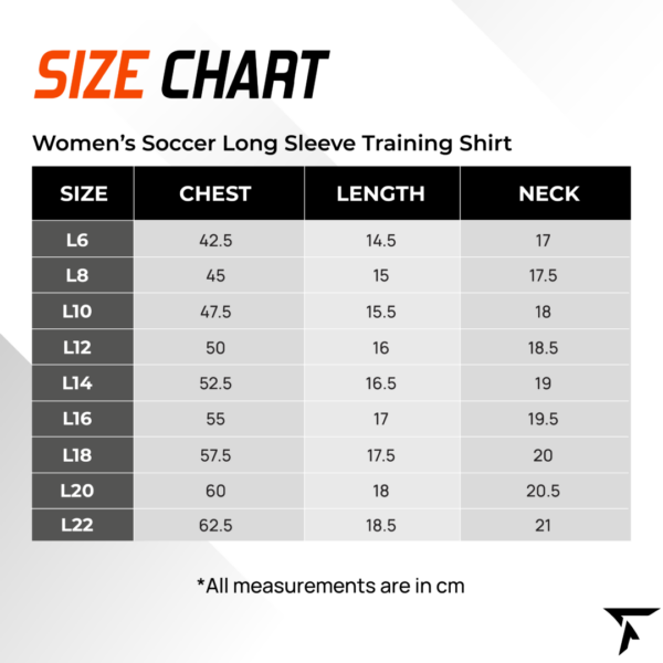 Size Chart for Women's Soccer Long Sleeve Training