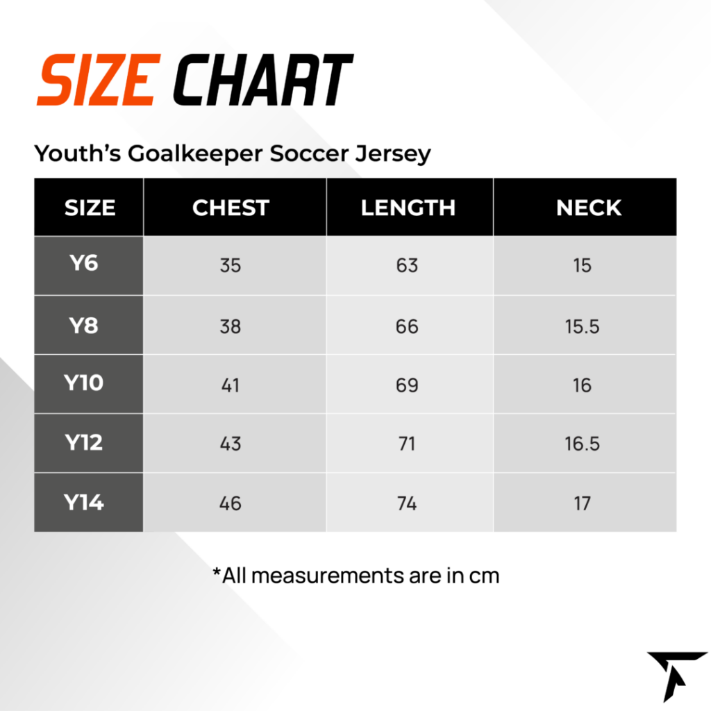 Custom Youth Goalkeeper Soccer Jersey Size Chart