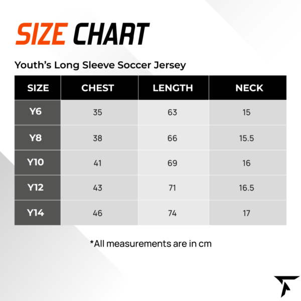 Size Chart for Youth's Long Sleeve Soccer Jersey