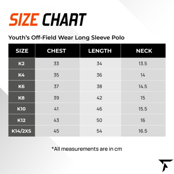 Size Chart for Youth's Off Field Wear Long Sleeve Polo