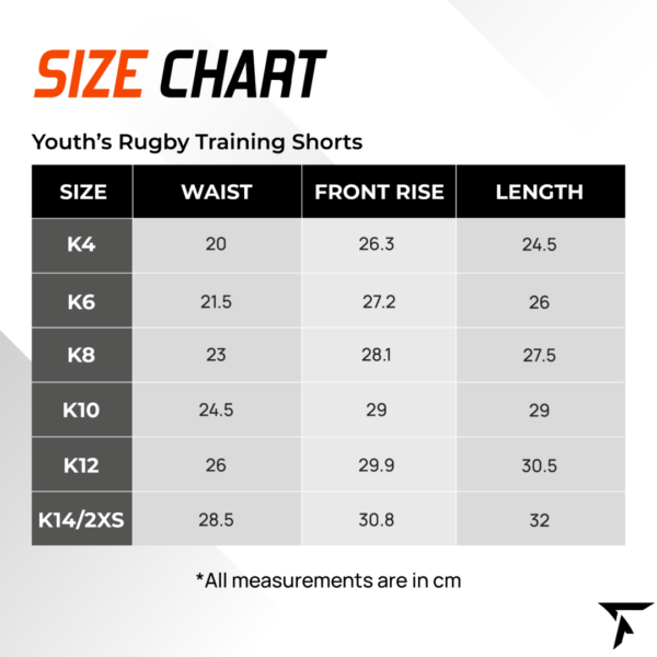 Size Chart for Youth's Rugby Training Shorts