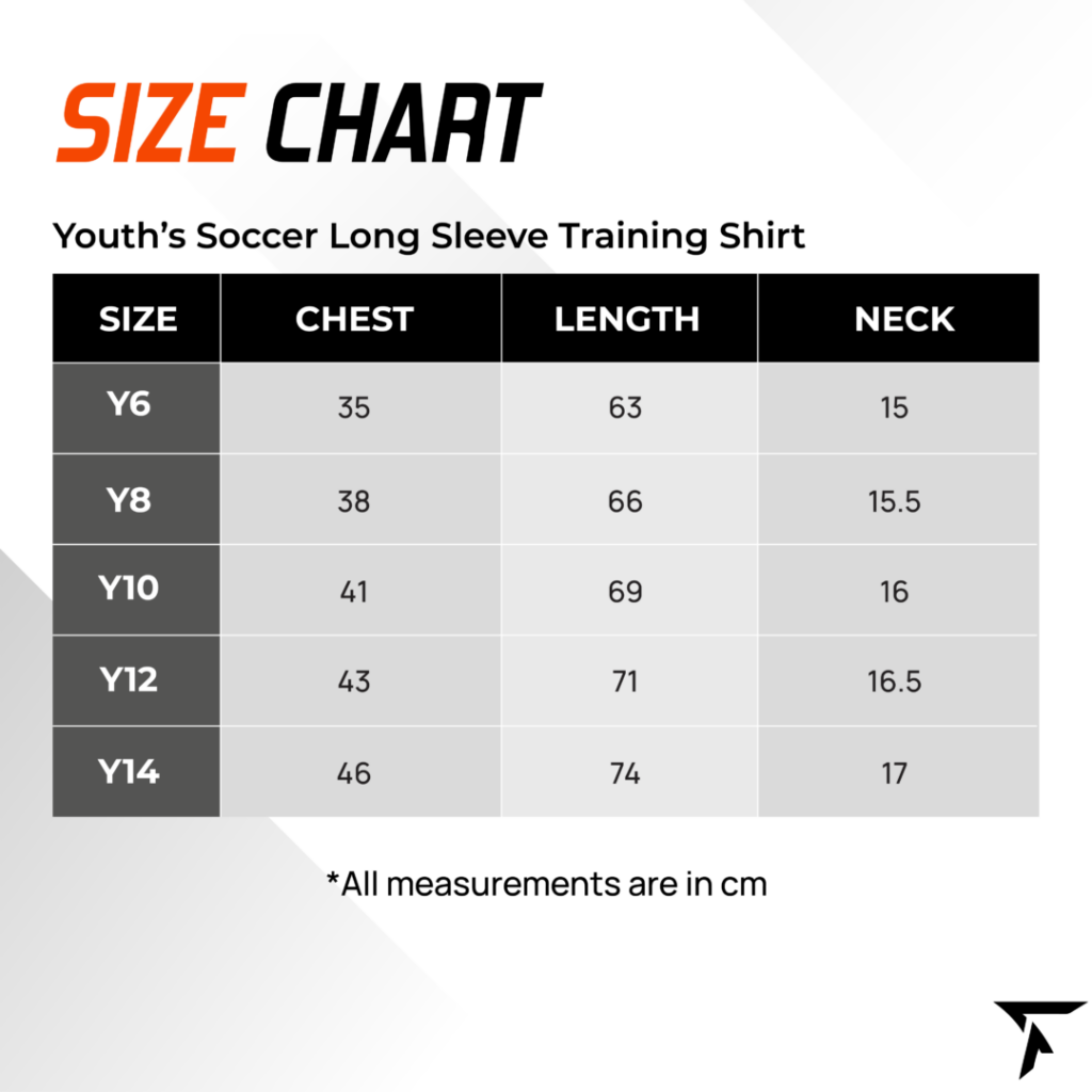 Size Chart for Youth's Soccer Long Sleeve Training Shirt