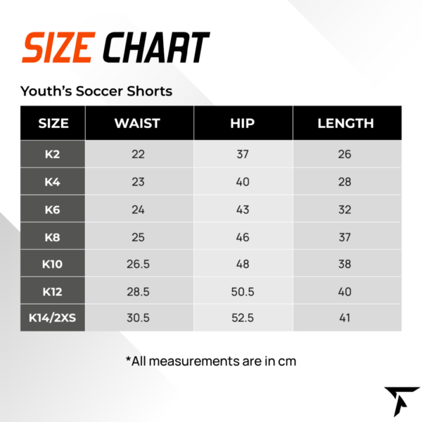 Size Chart for Youth's Soccer Shorts