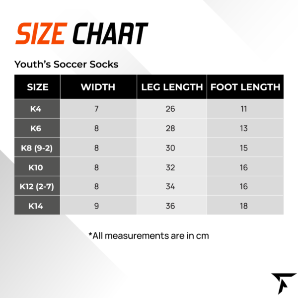 Size Chart for Youth's Soccer Socks